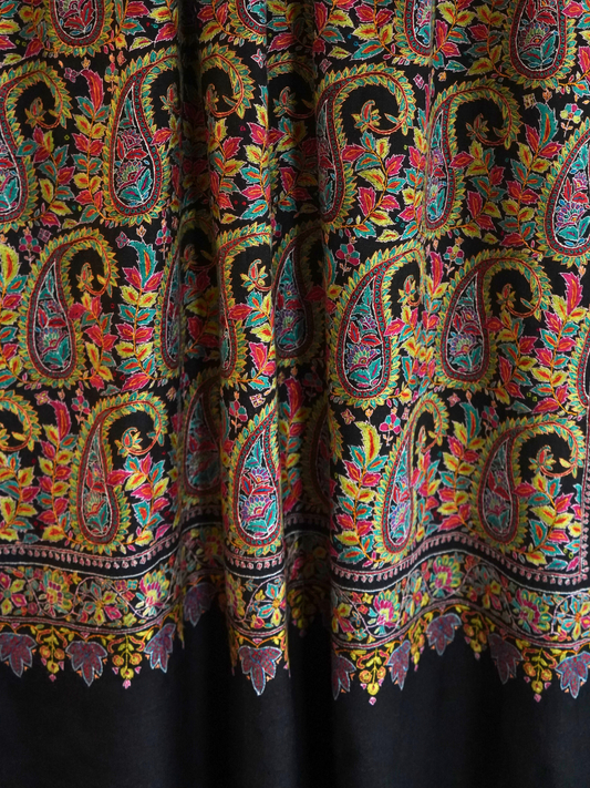 Black Jamavar Pashmina  Shawl with Vibrant Paisley Embroidery