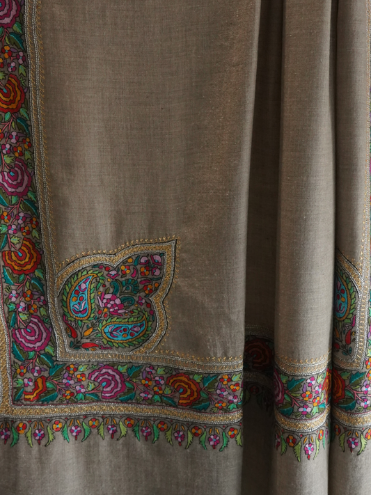 Natural Pashmina Shawl with Papier-Mâché and Gold Tilla Embroidery