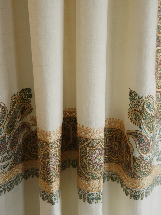Off-White Pashmina Shawl with Sozni & Gold Tilla Embroidery