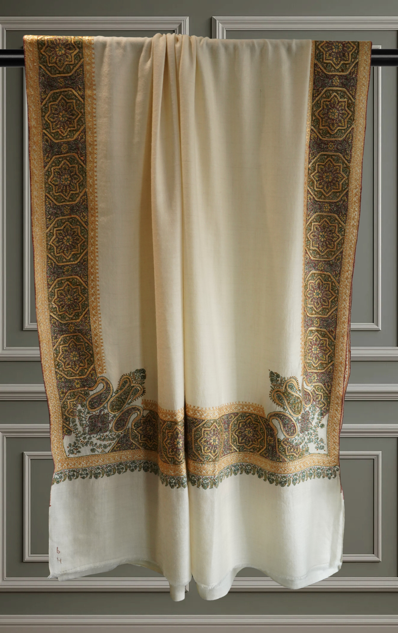 Off-White Pashmina Shawl with Sozni & Gold Tilla Embroidery