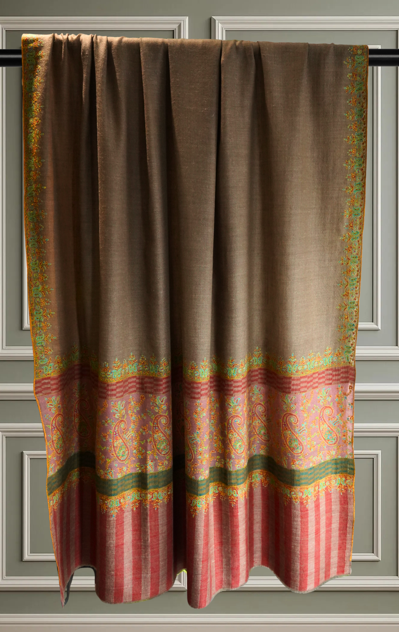 Natural Big Border Embroidered Pashmina Shawl