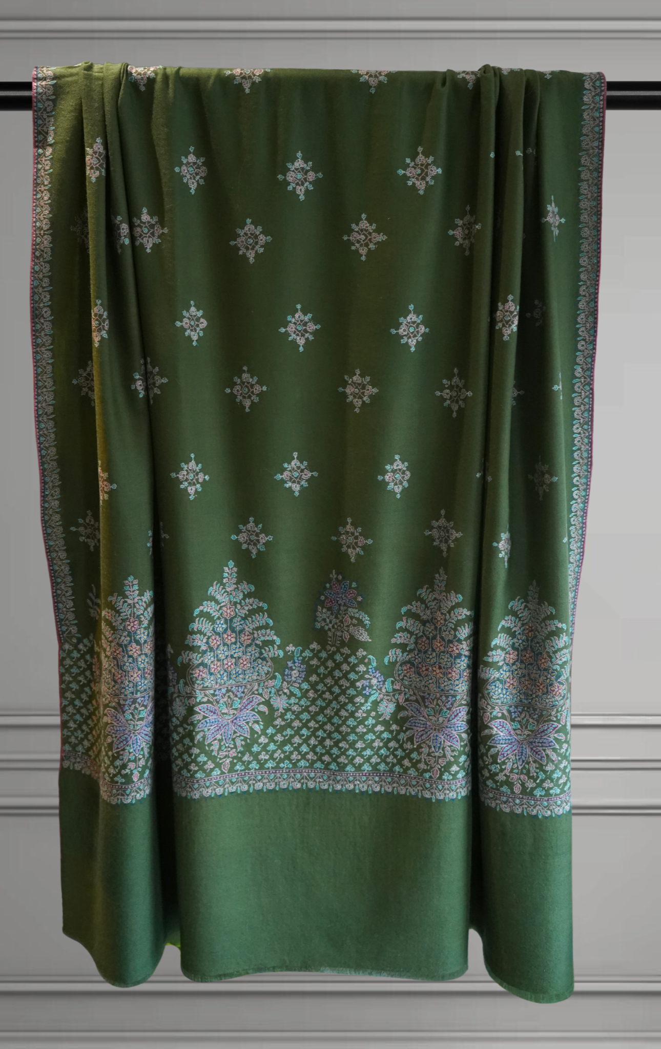Sage Green Pashmina Shawl with Floral Motifs
