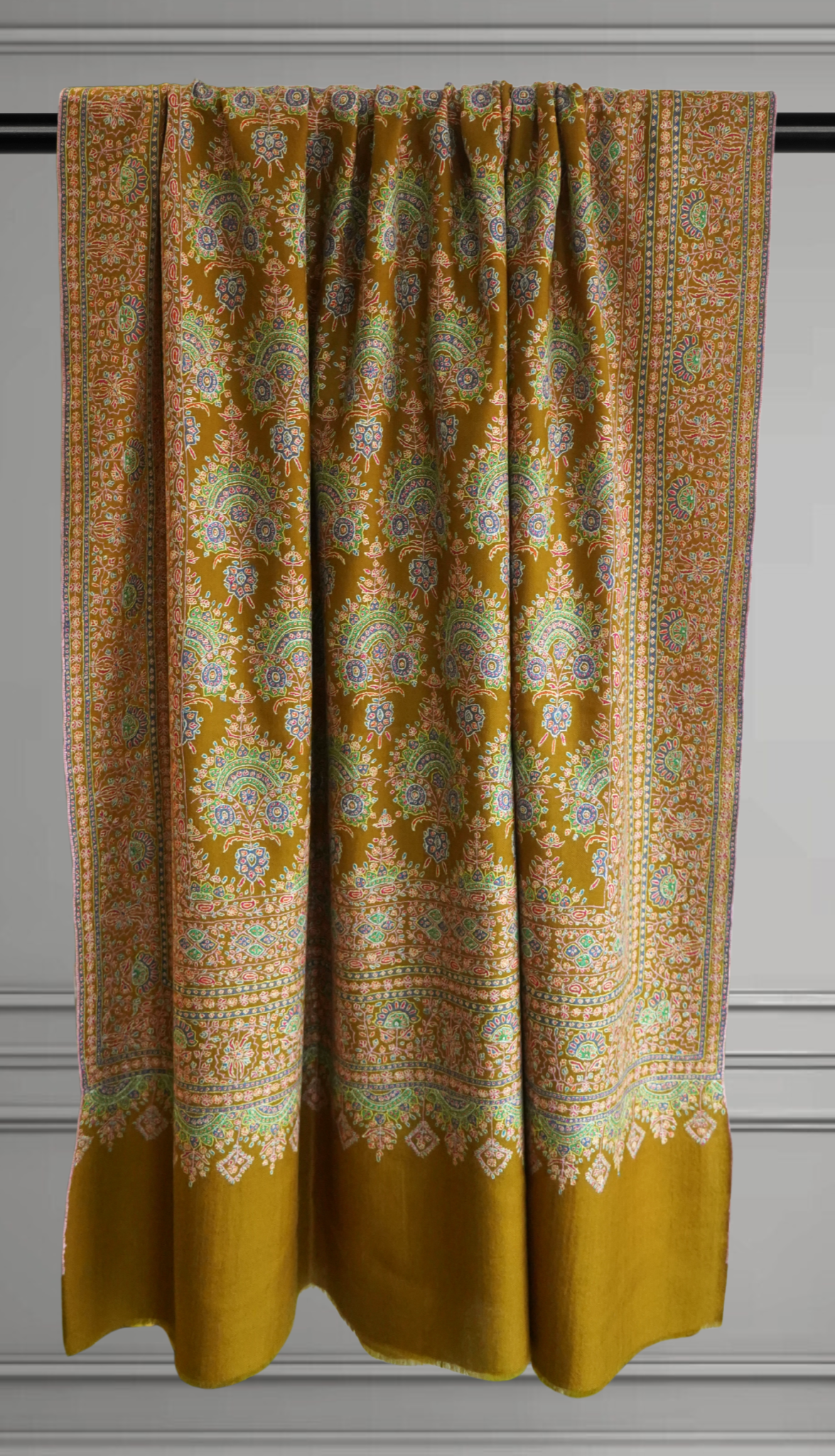 Gold Mustard Jamavar Pashmina Shawl with Sozni Embroidery