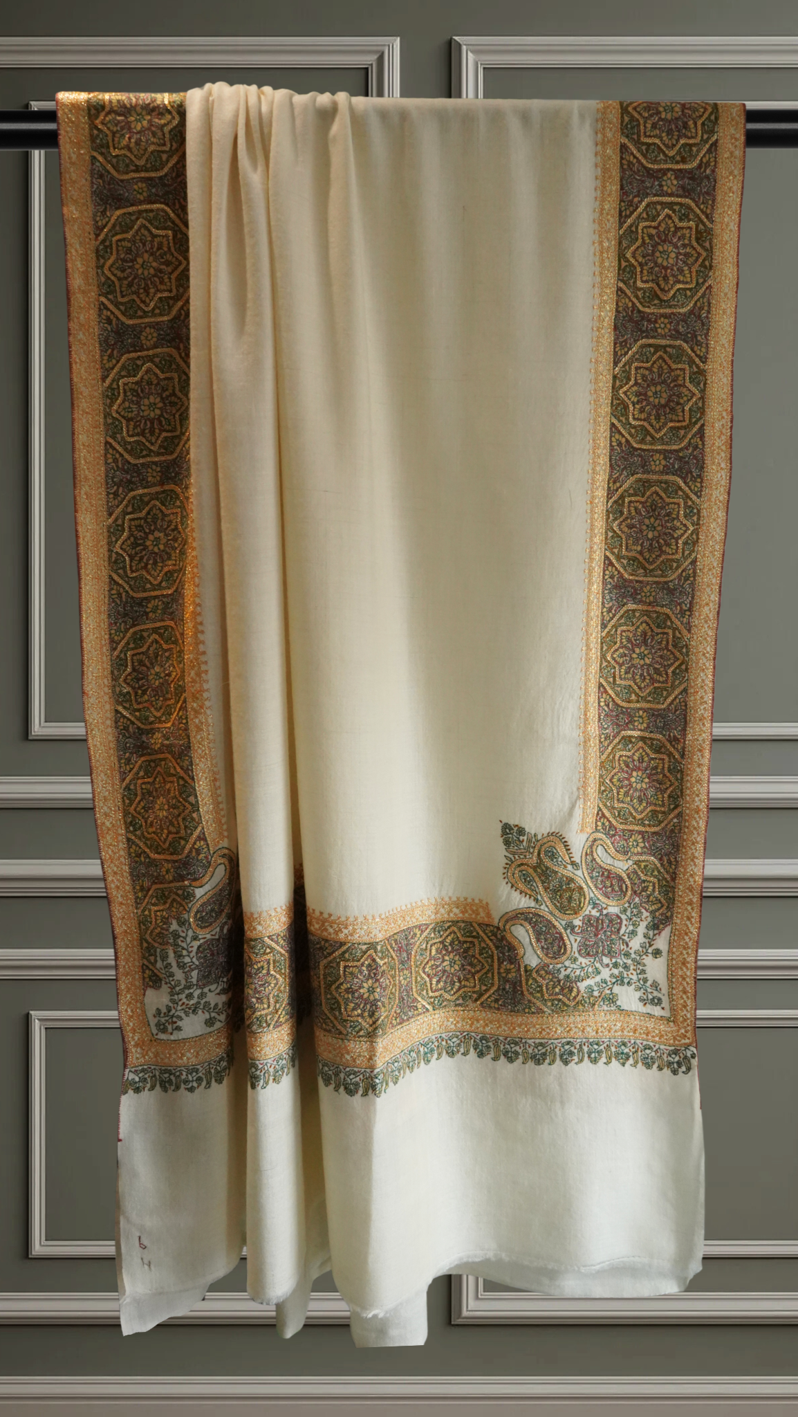 Off-White Pashmina Shawl with Sozni & Gold Tilla Embroidery