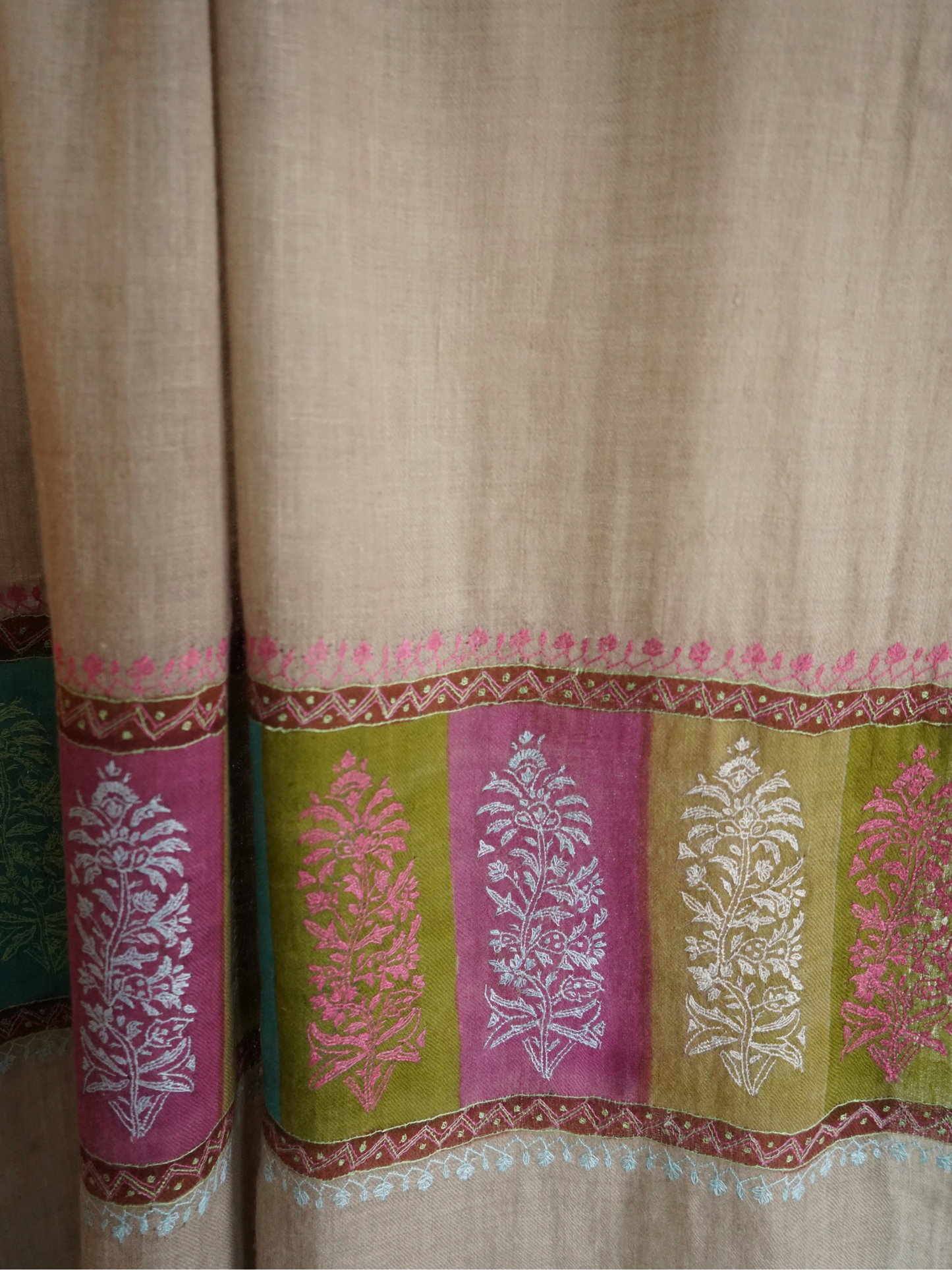 Beige Pashmina Scarf with Sozni Embroidery