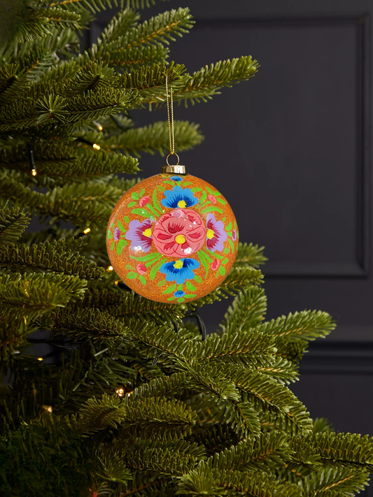 Floral Glitter Bauble Orange