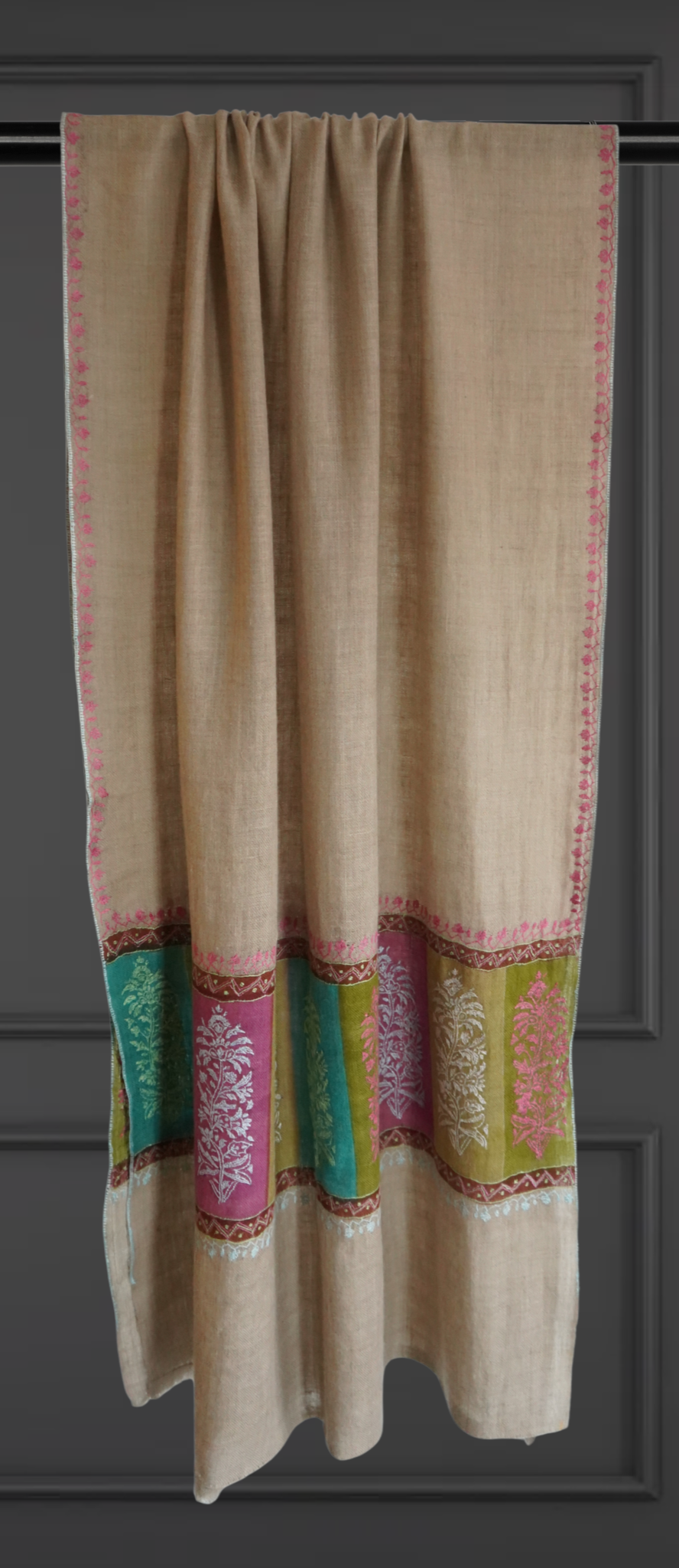 Beige Pashmina Scarf with Sozni Embroidery