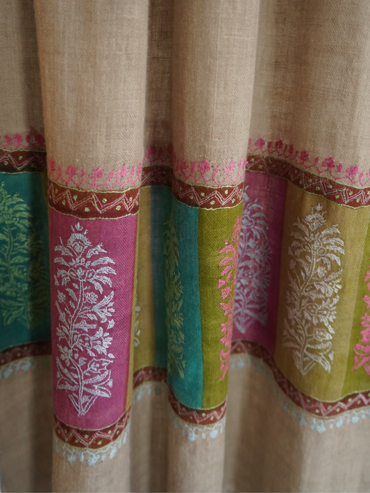 Beige Pashmina Scarf with Sozni Embroidery