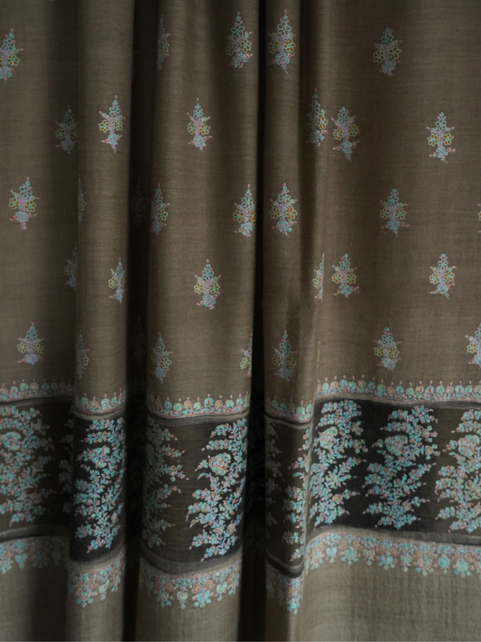 Grey Pashmina Shawl with Floral Motifs and Ikkat Striped Border